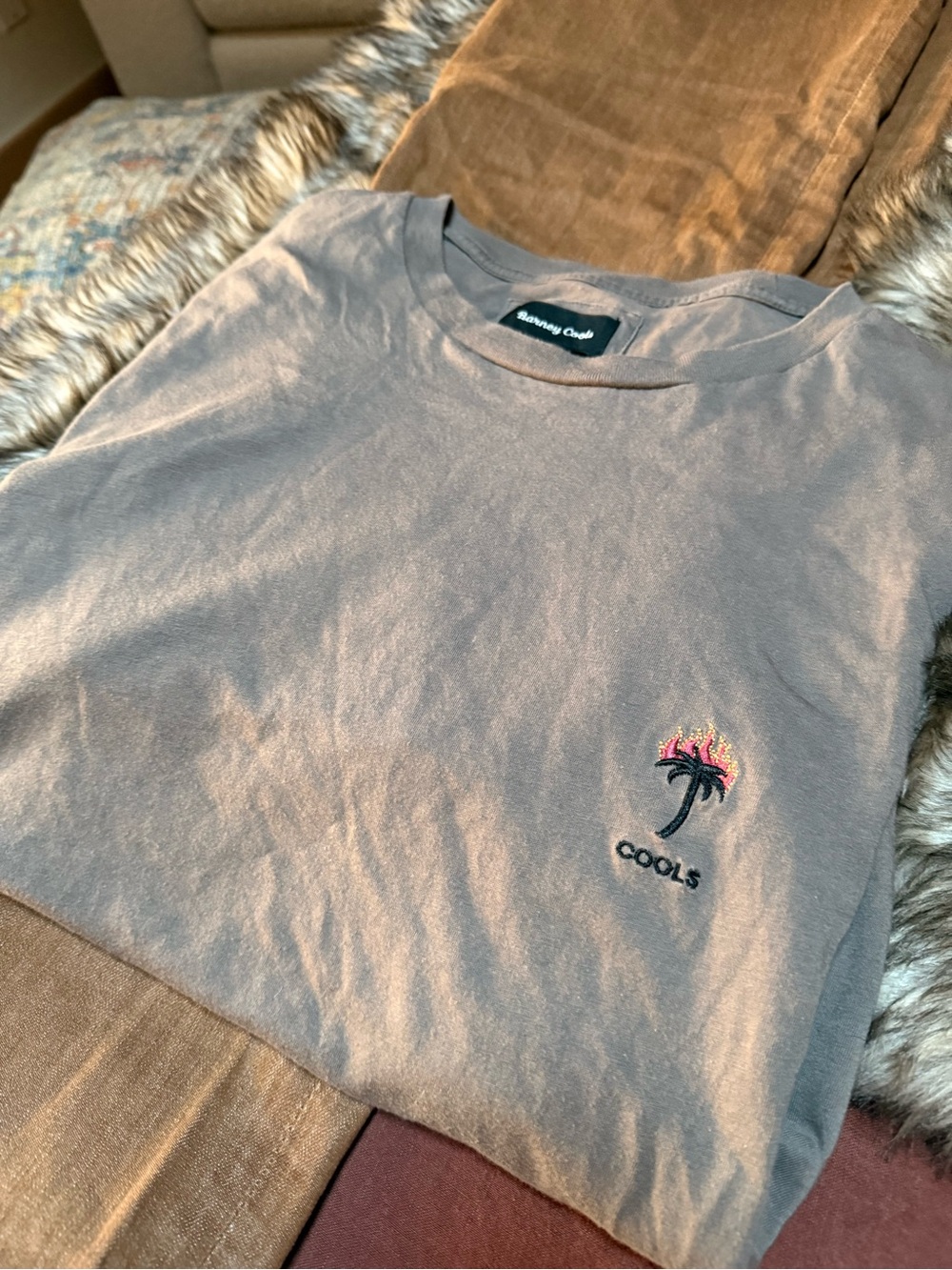 Barney Cools Vintage Brown Tee with Flaming Palm Embroidery